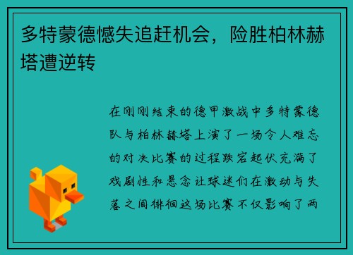 多特蒙德憾失追赶机会，险胜柏林赫塔遭逆转